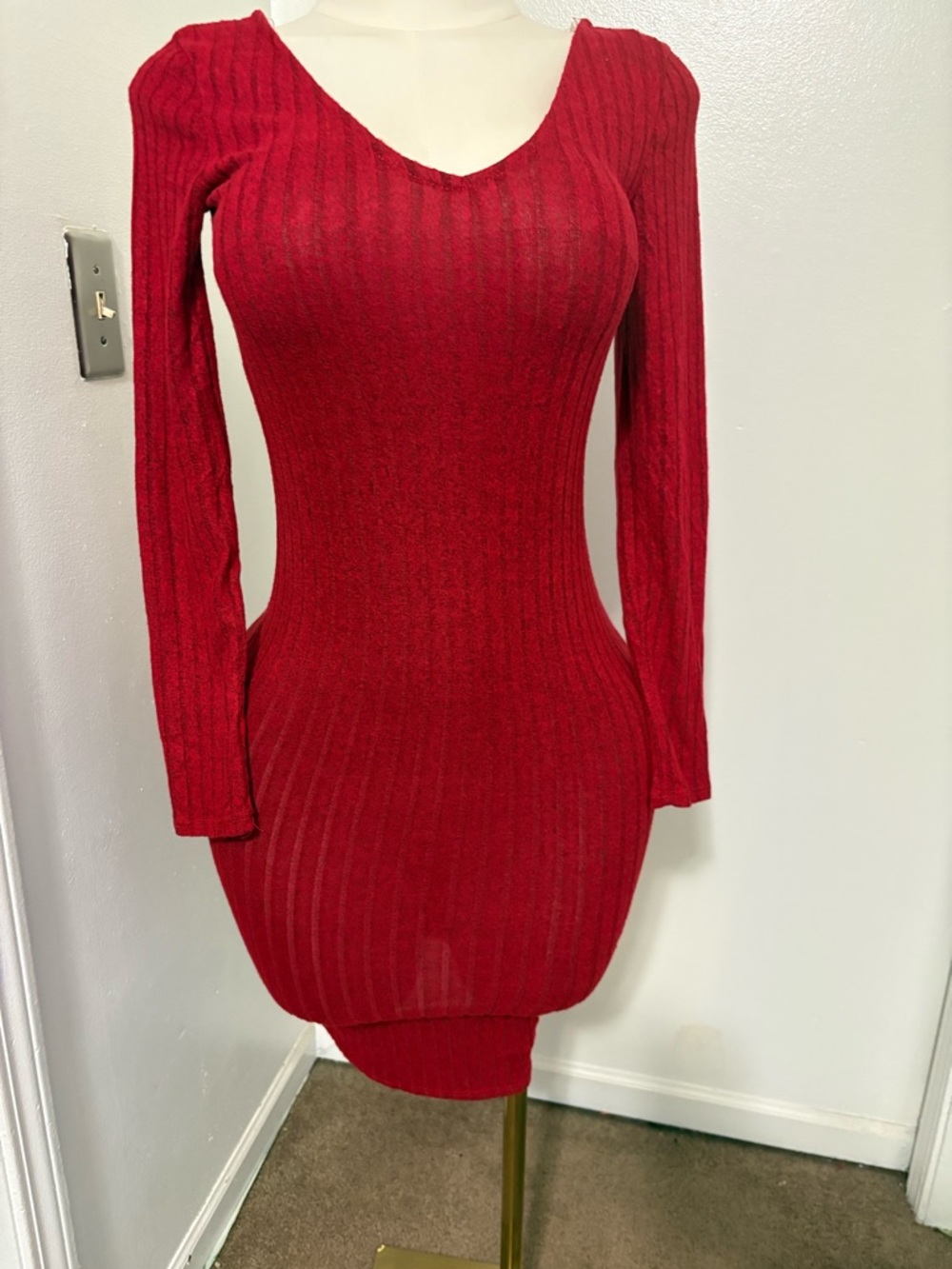 Heart & Hips Red Ribbed V-Neck Long Sleeve Bodycon Sweater Dress NWOT